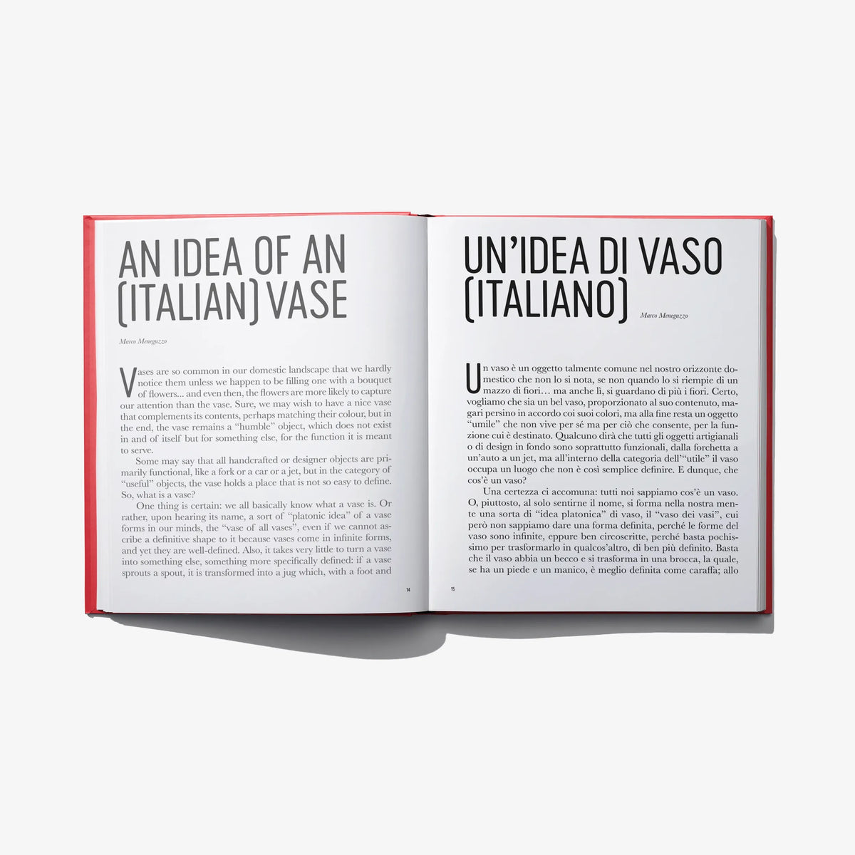 Open book spread with vase photos and paragraphs, red spine, Italian design vase book