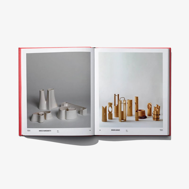 Open book spread with white vase forms on the left and gold vases on the right