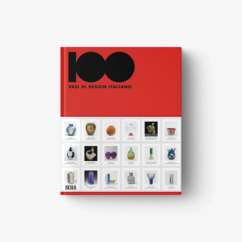 Red design book with black logo and a grid of small vase images on the cover