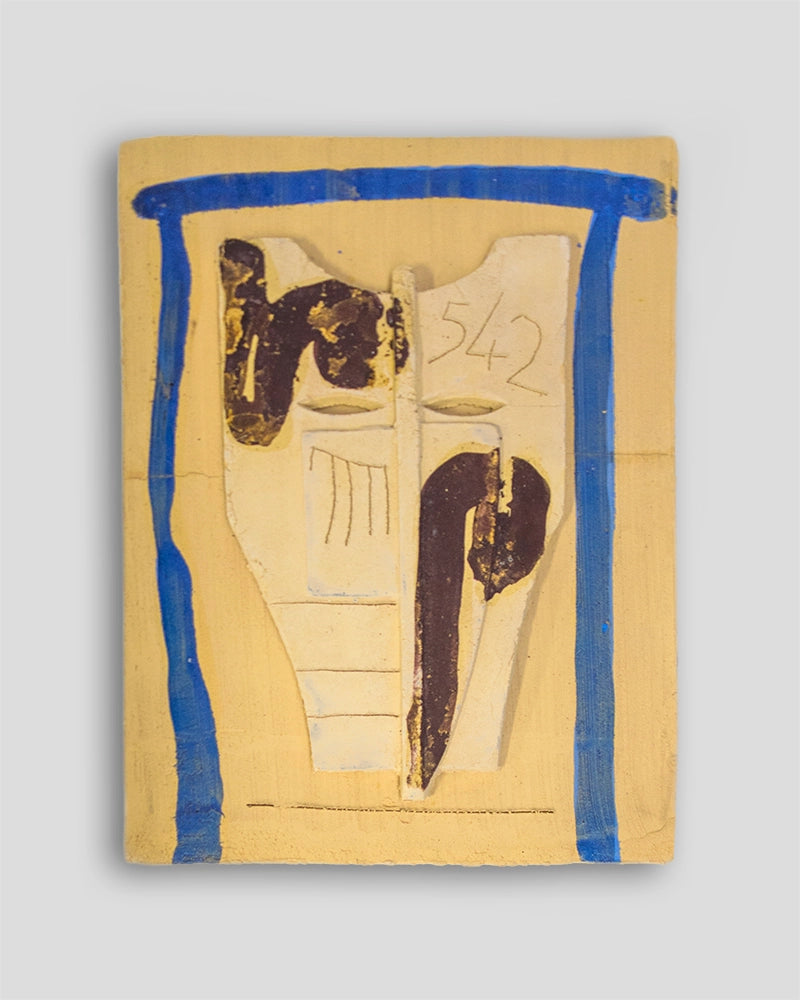 Limited edition terracotta sculpture by Skira Arte, painted dipinta, with blue frame and white figures on yellow background