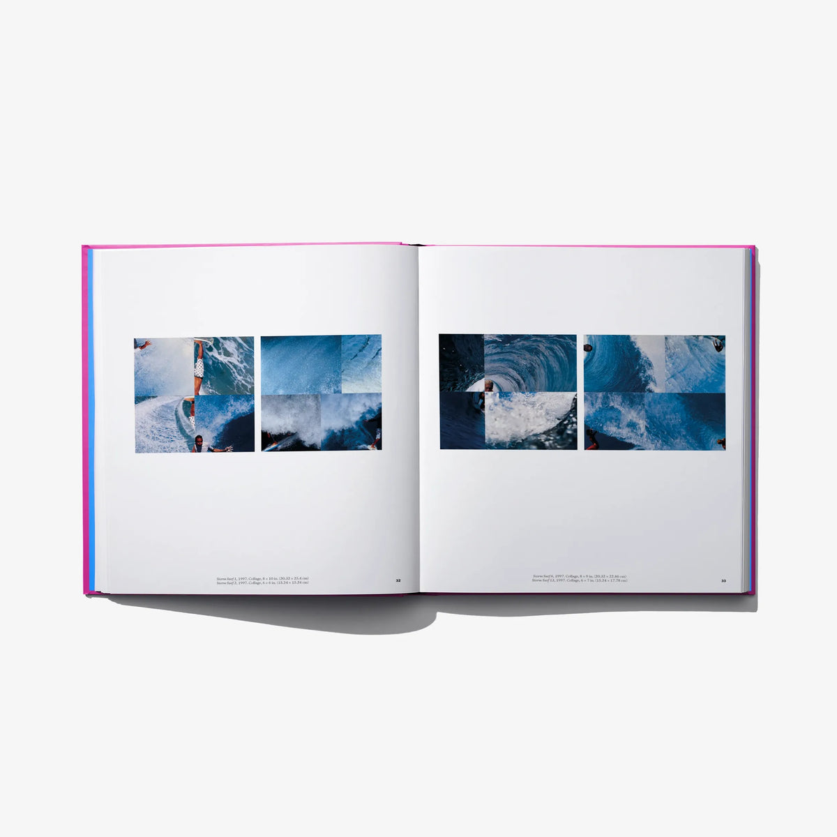 Art book open spread with two blue abstract landscape-style prints