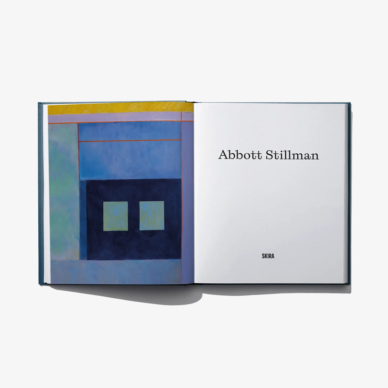 Art book open to interior page with Abbott Stillman text and blue artwork