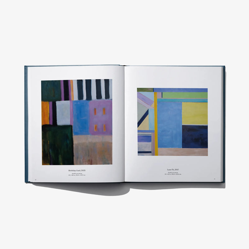 Art book open spread featuring two framed abstract artworks on white pages