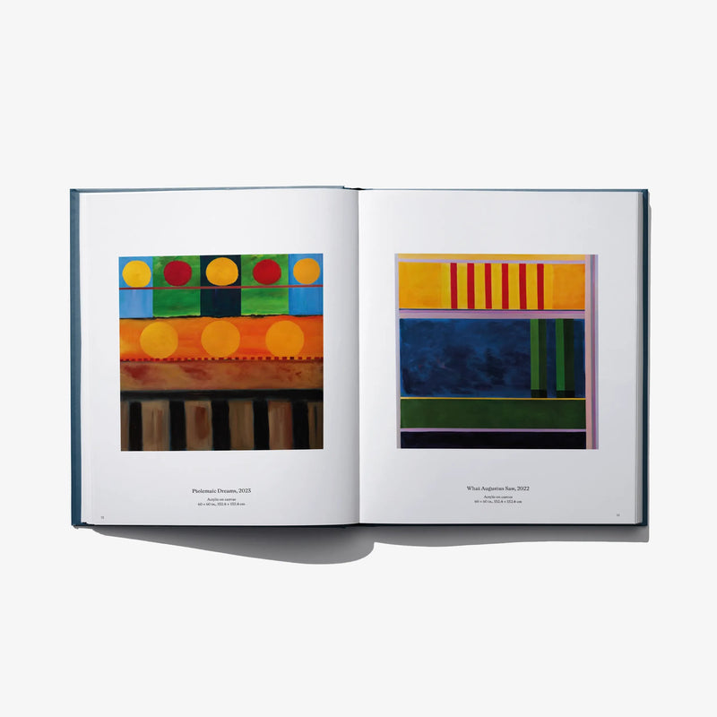 Art book open spread showing two colorful abstract artworks with bars and circles