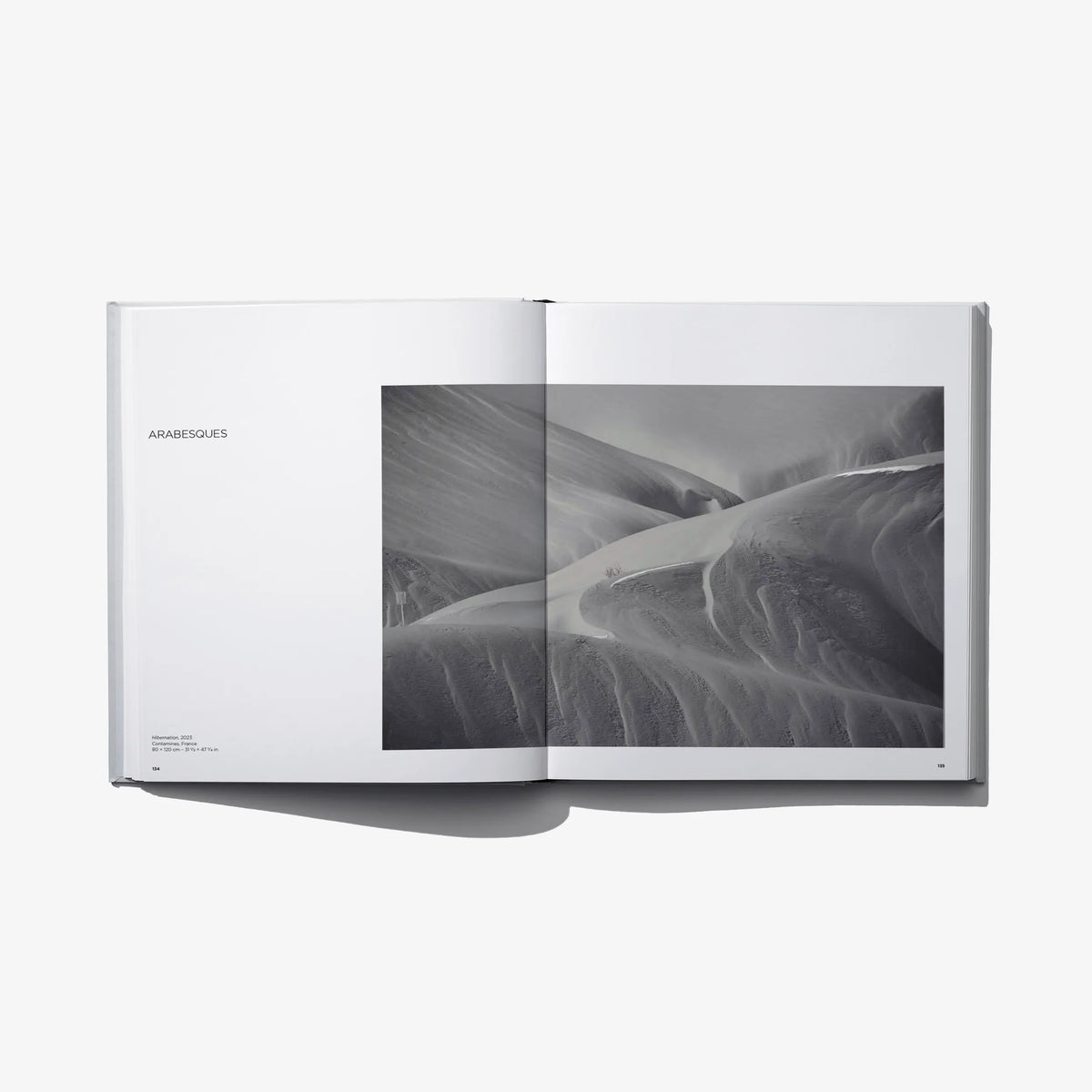 Open photo book with black-and-white sand dunes print across the right spread
