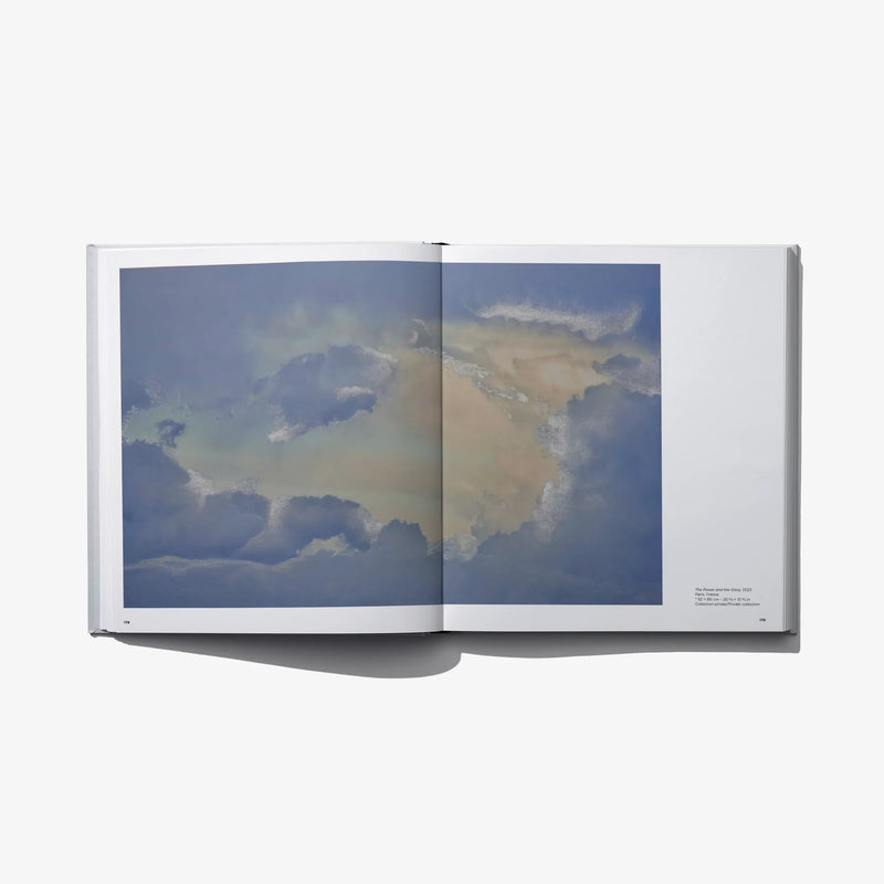 Open photo book with blue sky and cloud print across two panels on the right spread