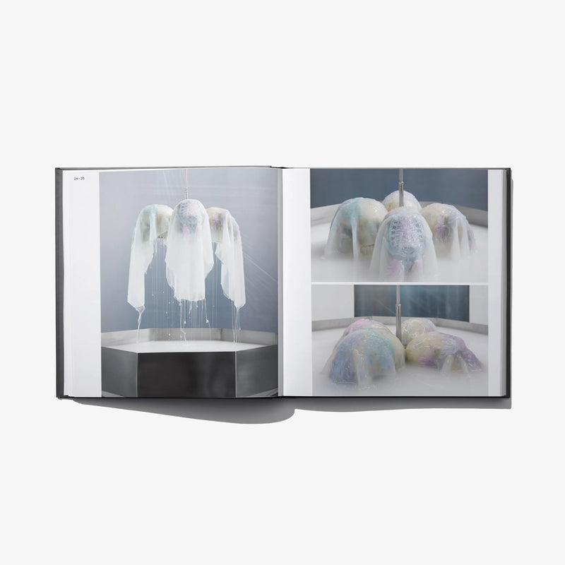 Open hardcover book with chandelier-like hanging translucent textile pieces