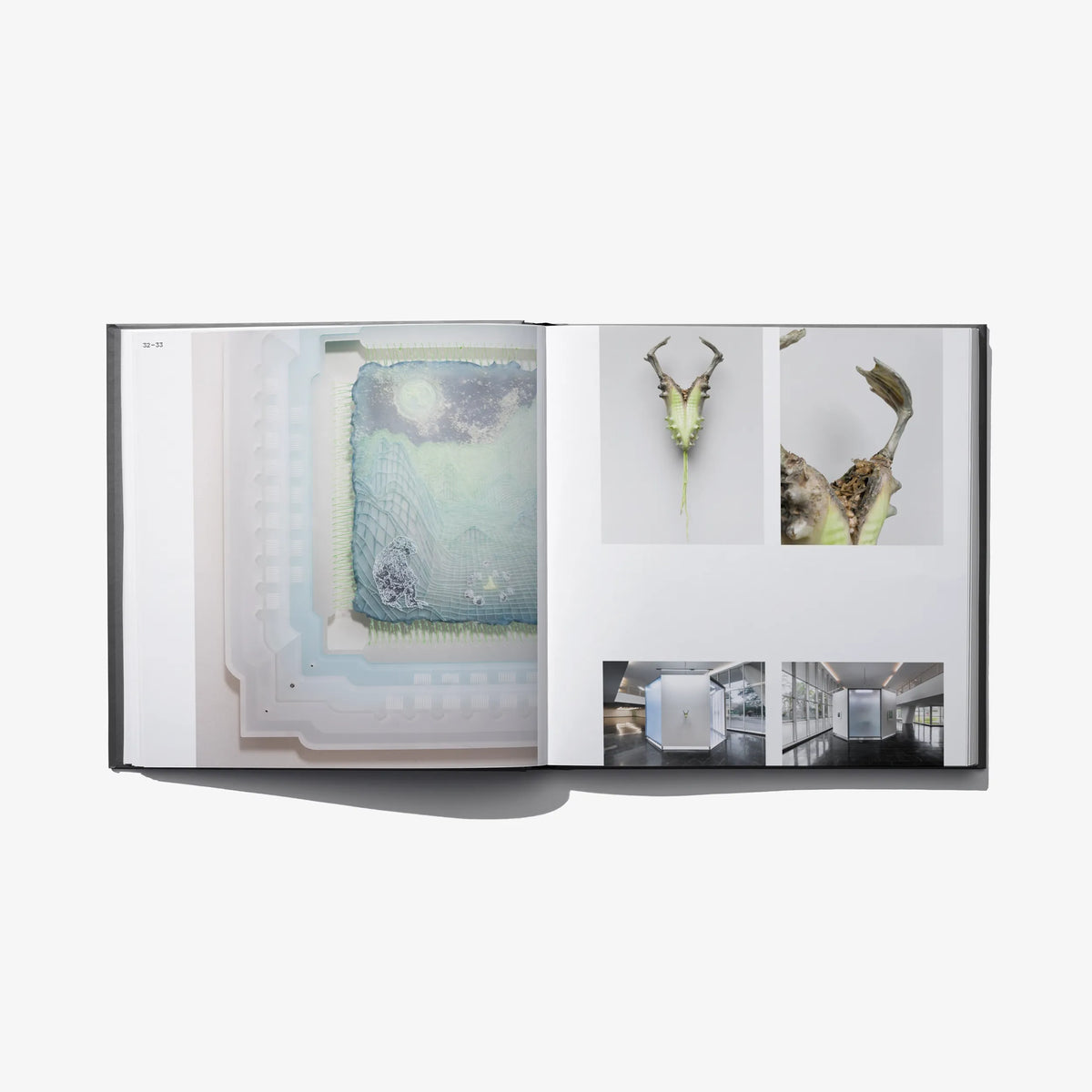 Open hardcover book with framed art photos and small hanging objects