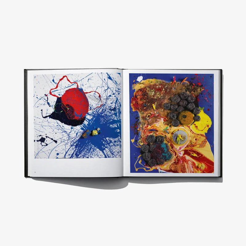 Open art book with two abstract colorful artworks on side-by-side pages