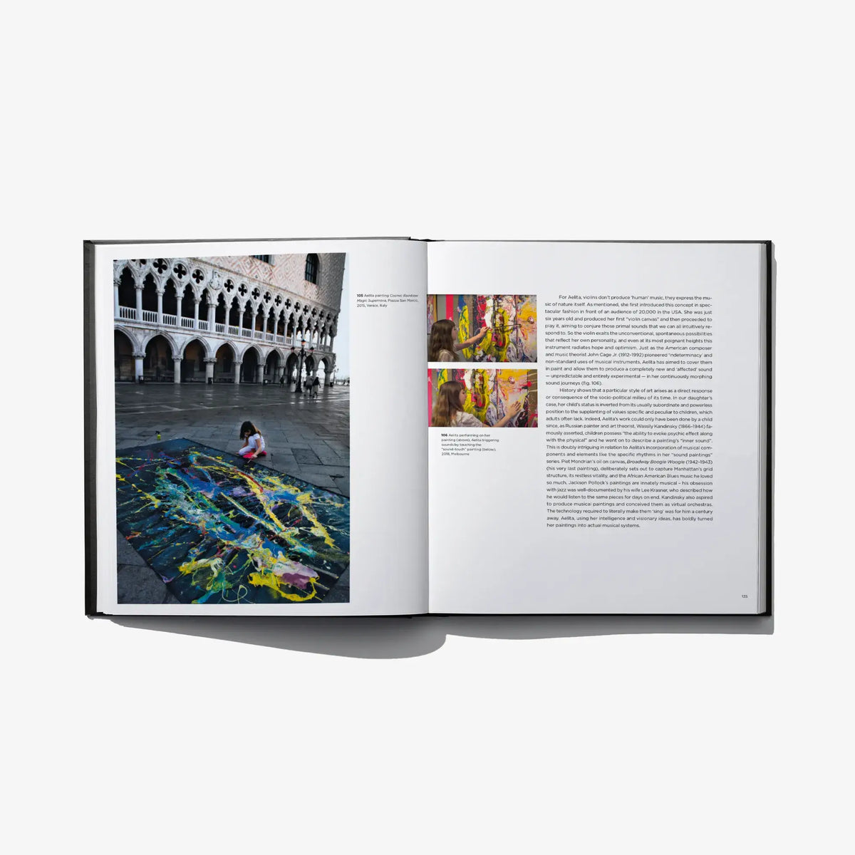 Open art book with courtyard mural photo on left and text with small thumbnails