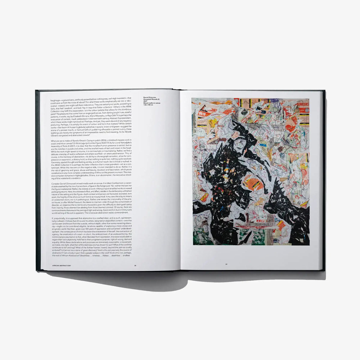 Open art book spread with printed text on the left and a colorful portrait collage