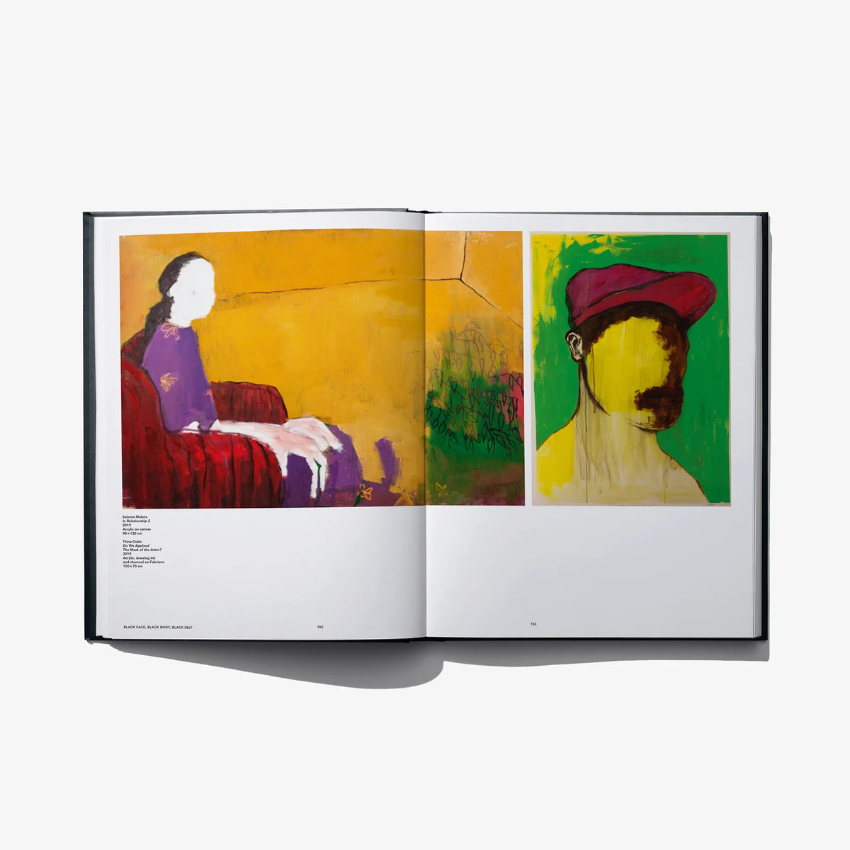 Open art book spread with two side-by-side painted portraits on yellow backgrounds