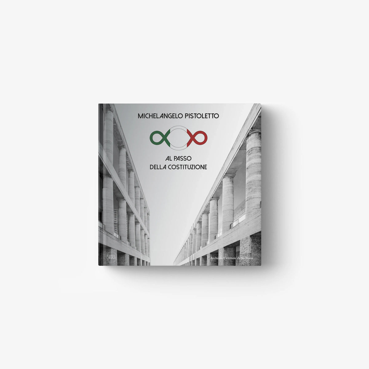 Contemporary art book by Skira Arte with Michelangelo Pistoletto cover, green and red infinity motif and white marble columns