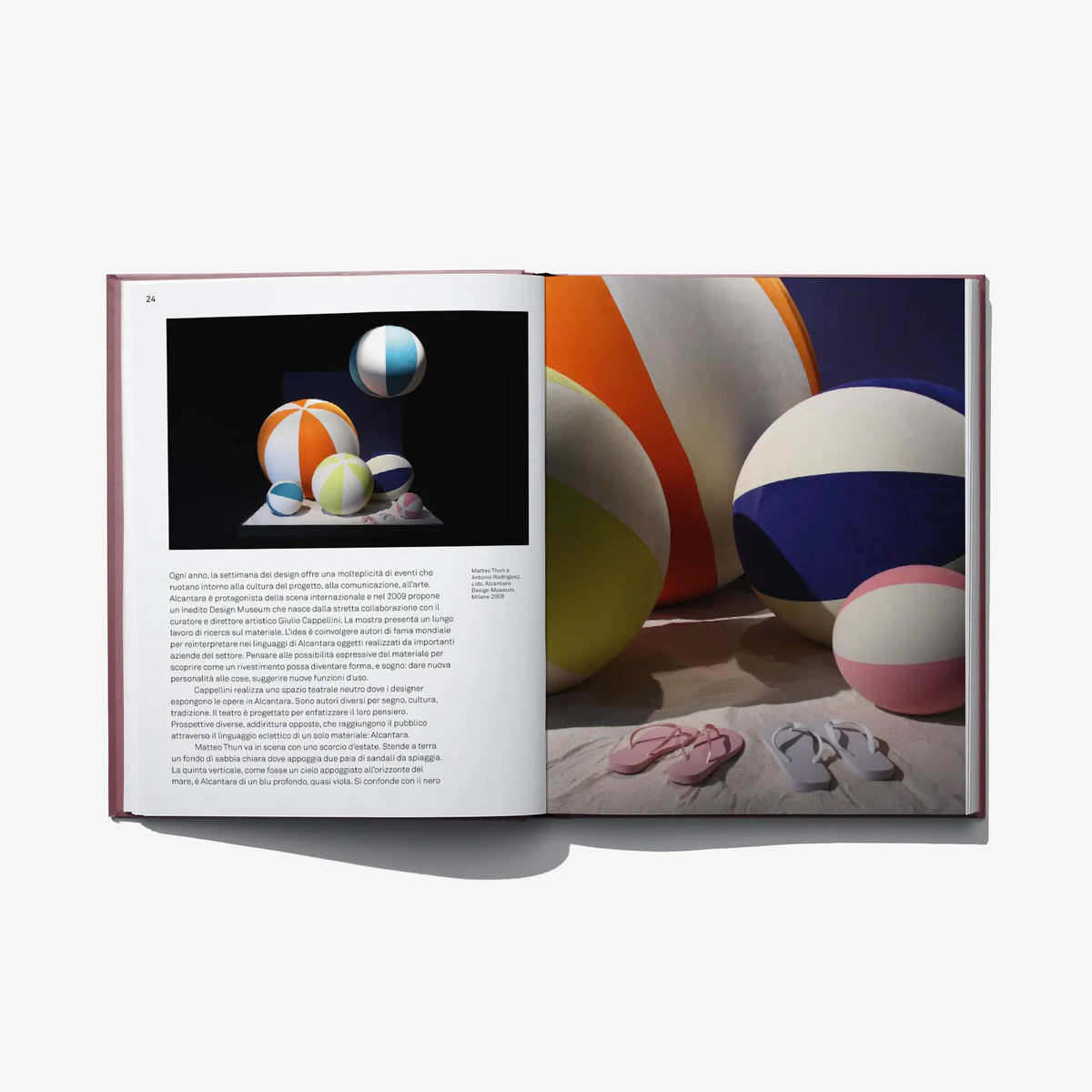 Art book open spread with colorful artwork photos and printed text pages