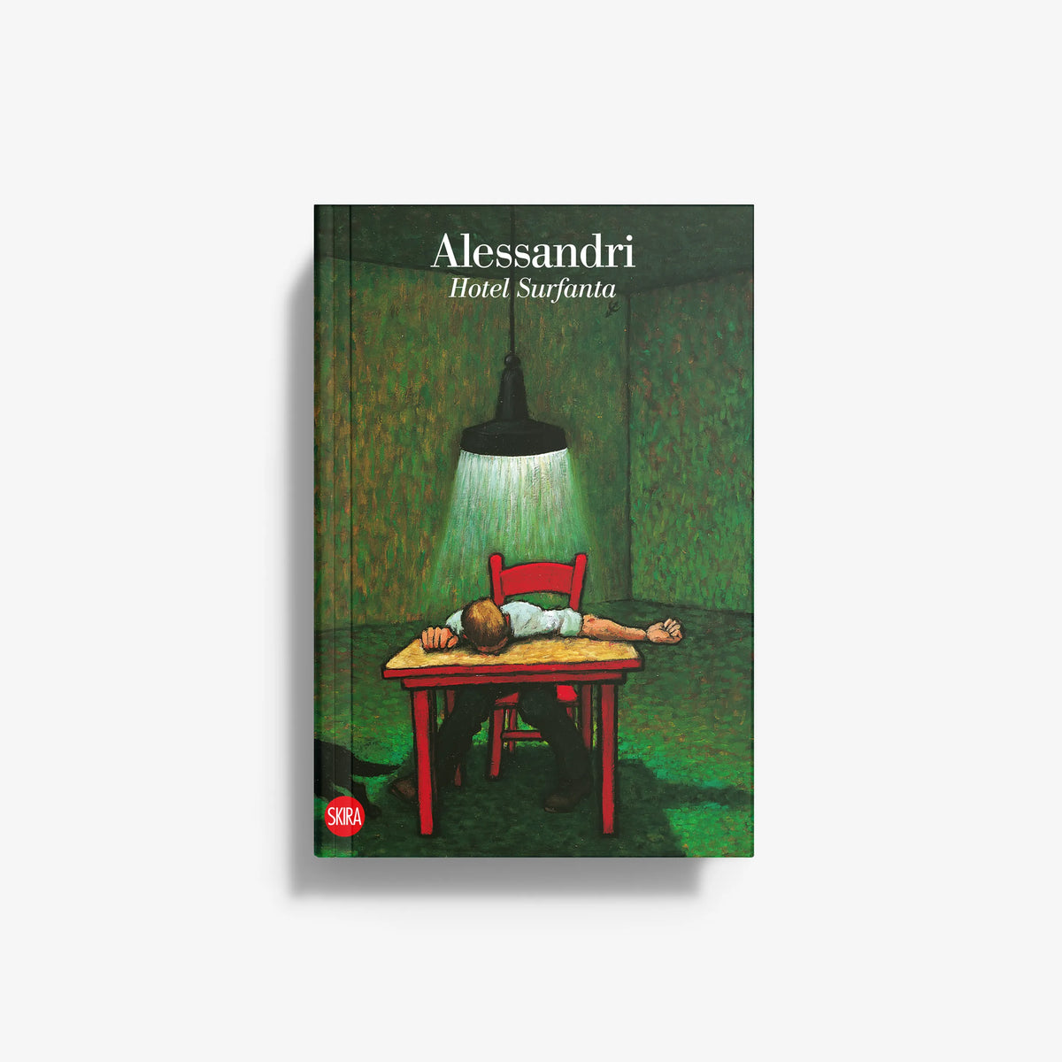 Illustrated book cover with green scene, red table and lamp, sleeping figure
