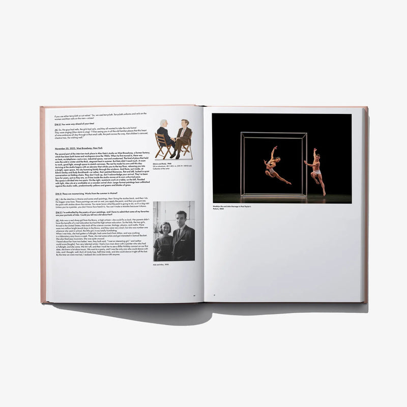 Open art book spread with black-and-red dancer artwork on right and text pages