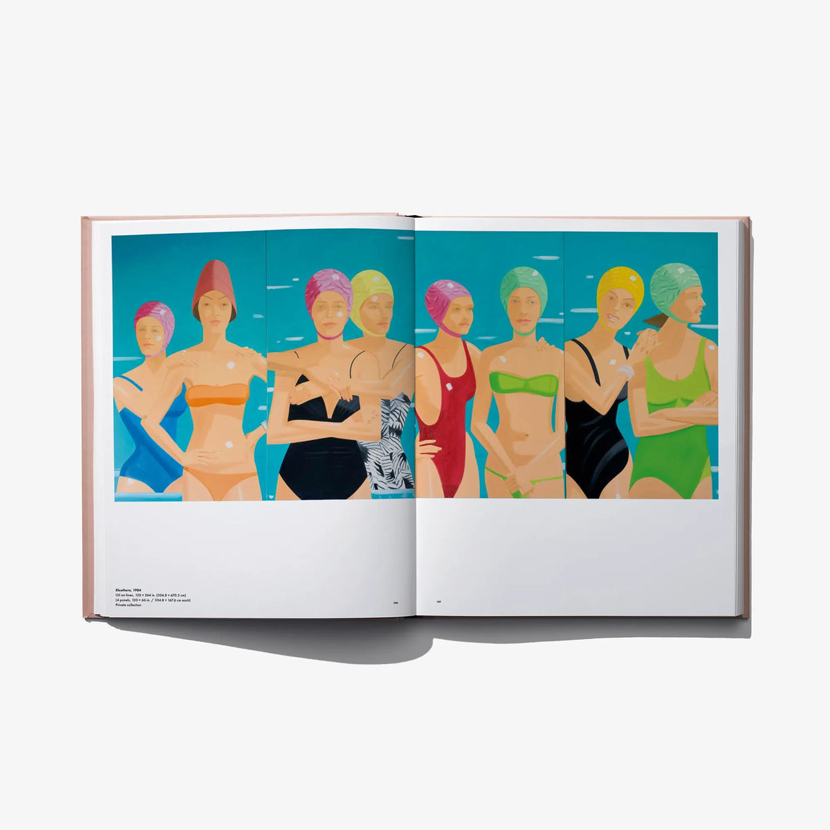 Open art book spread with colorful stylized figures standing in a row