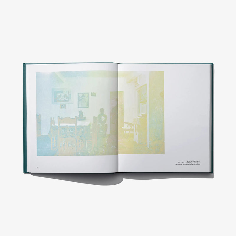 Open art book spread with pale city illustrations and multiple small framed prints