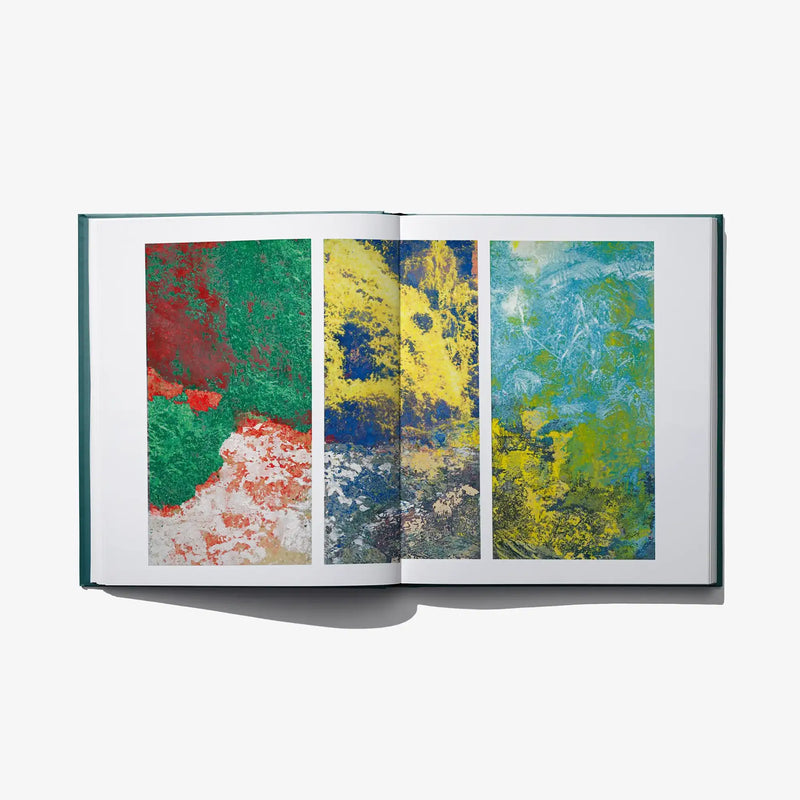 Open art book spread with three abstract color blocks: red, green, blue, yellow