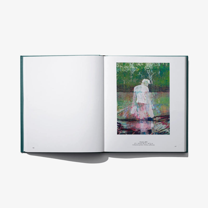 Open art book spread with a single figure illustration on the right page