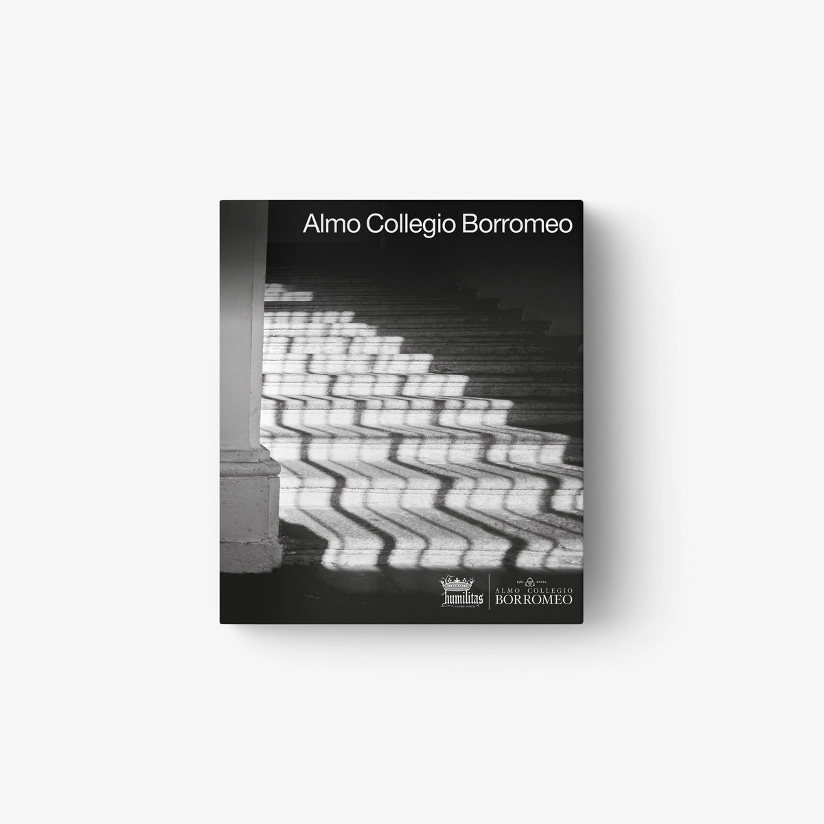 Black and white book cover featuring diagonal shadows on stone steps with white text "Almo Collegio Borromeo" at the top.