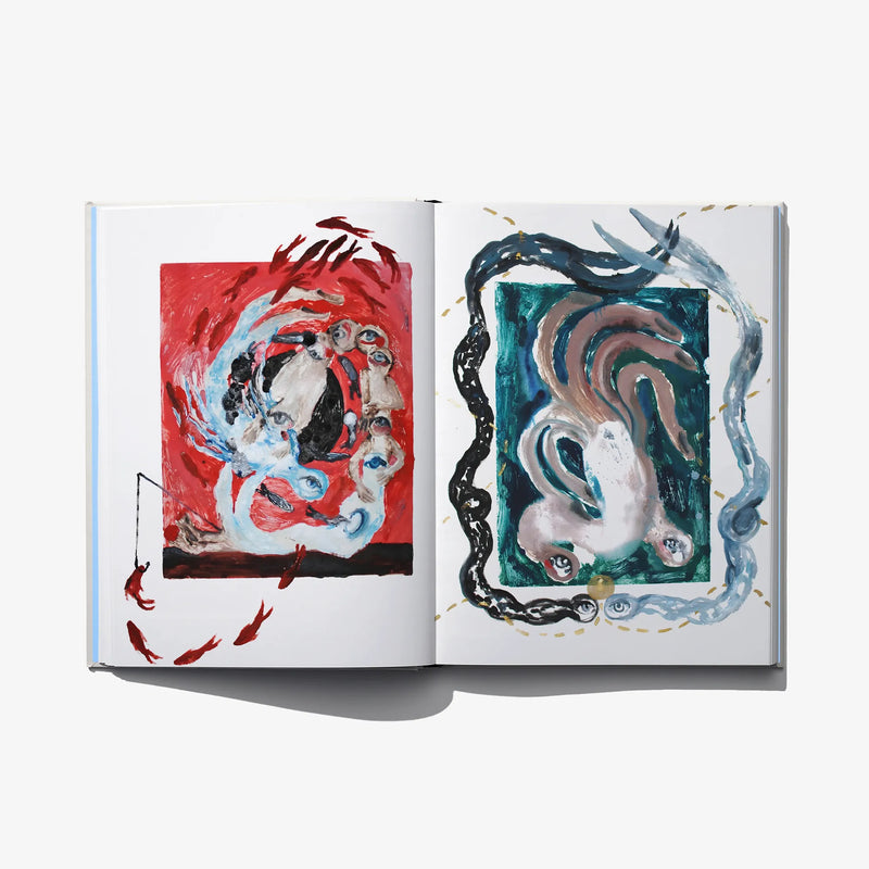 Open art book spread with red and teal abstract animal-like faces