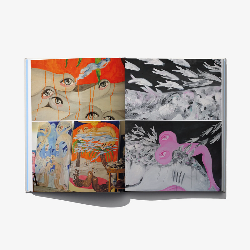Open art book spread with collage of surreal faces and animals