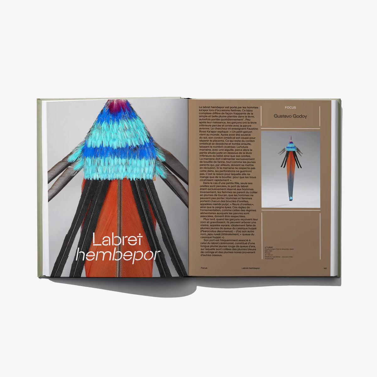 Open Amazonia book with a blue-and-teal feather headdress and accompanying text