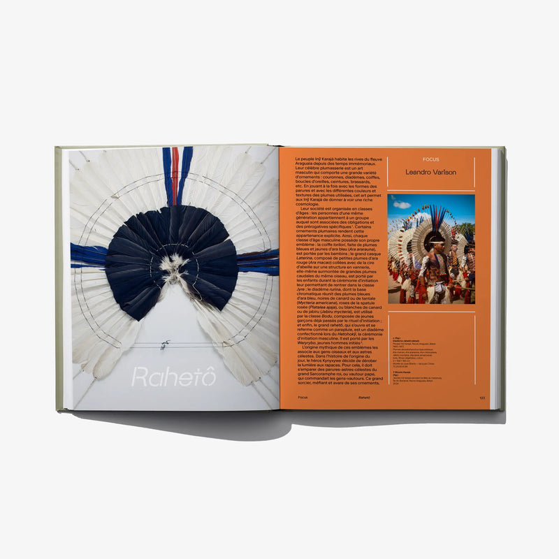 Open Amazonia book with blue-and-white woven fan artwork and a photo inset