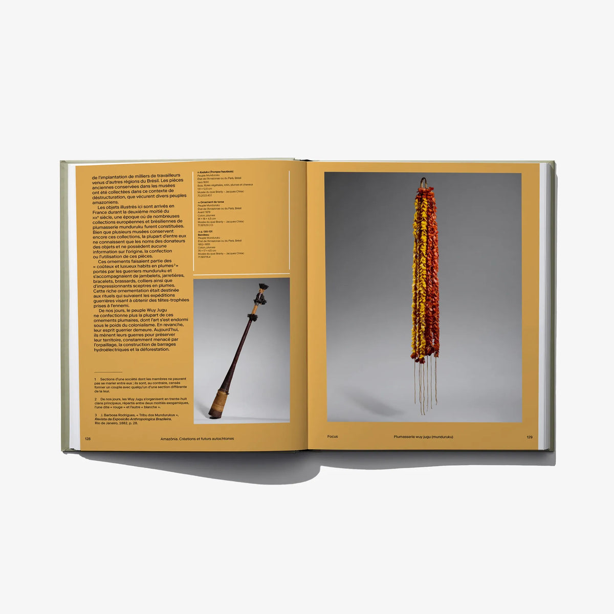 Open Amazonia book featuring a tall hanging beaded textile sculpture and text