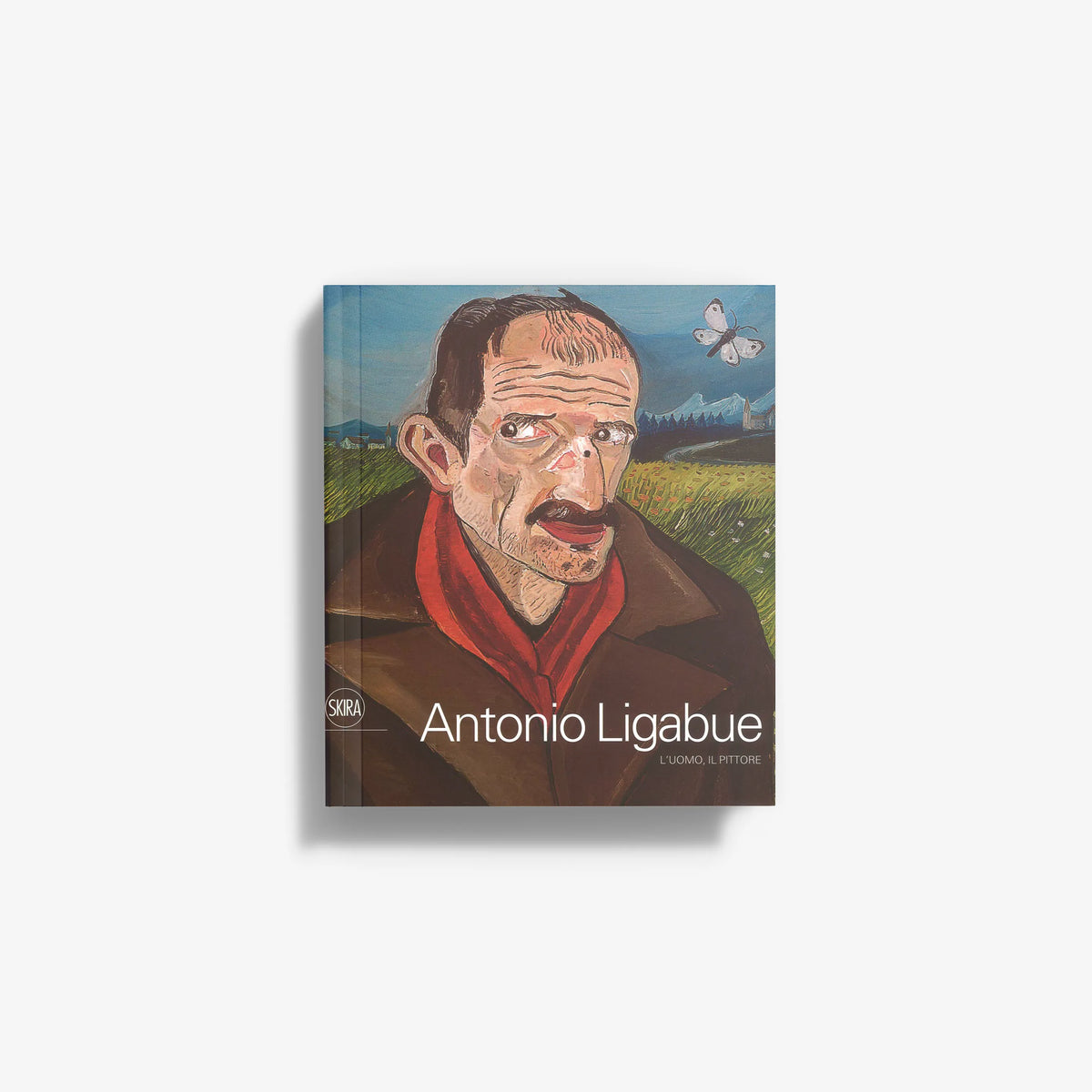 Antonio Ligabue book cover with illustrated portrait and butterfly, blue green background