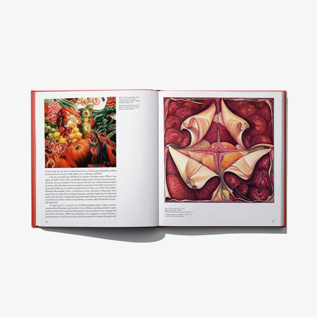 Hardcover book open spread with colorful still life and reclining figures art