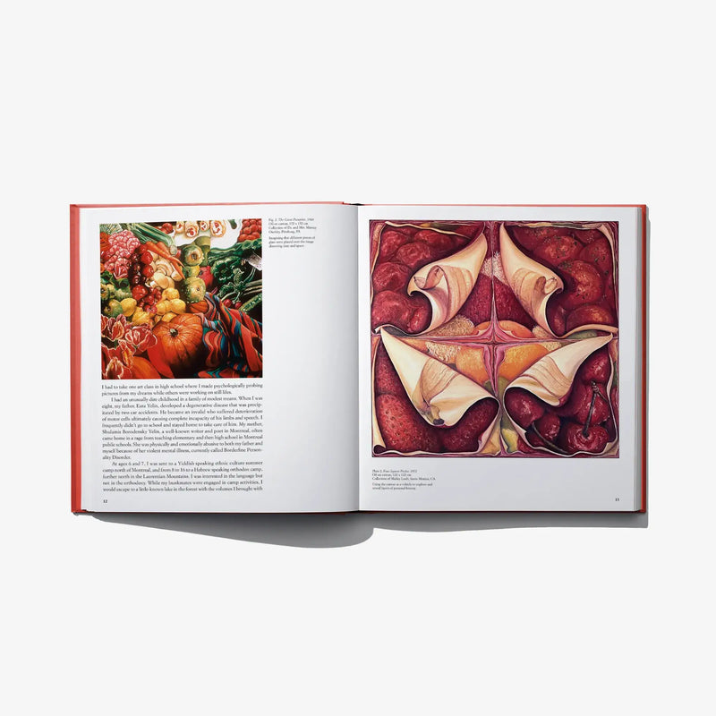 Hardcover book open spread with colorful still life and reclining figures art