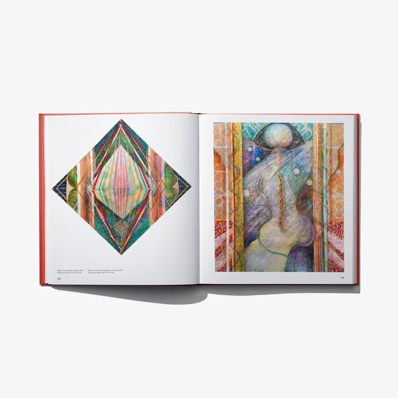 Hardcover book open spread with diamond artwork and ornate portrait painting