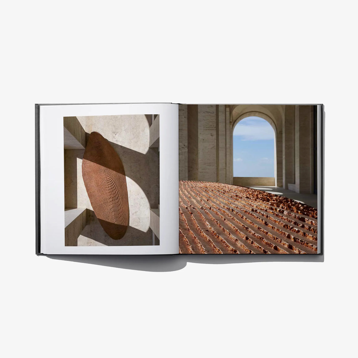 Open hardcover book showing abstract artwork panel and patterned hall photo