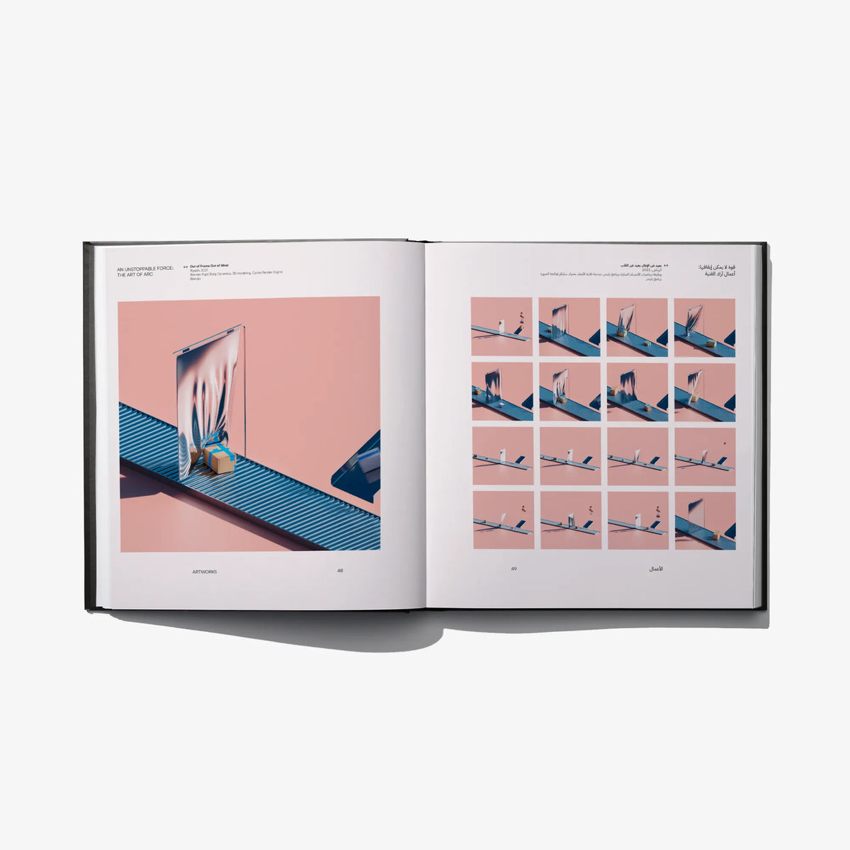 Opened book spread with a photo grid showing repeated outdoor scenes.