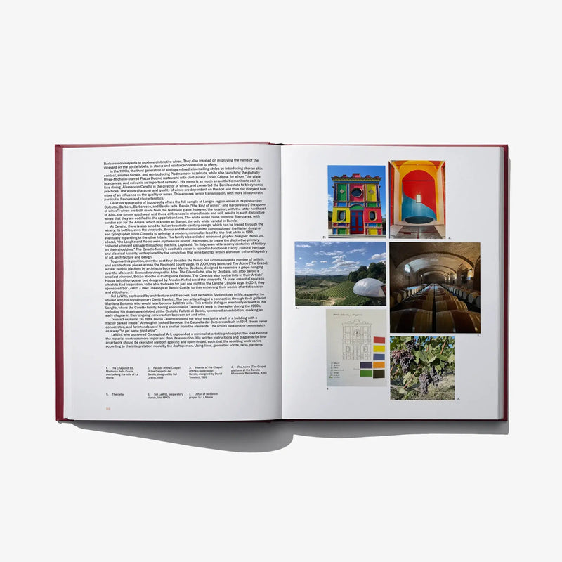 Open book spread showing artwork and photo collage on right with text on left page.