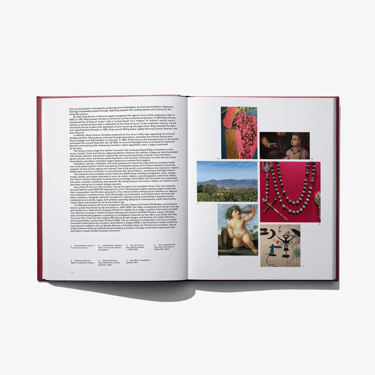 Open book spread with collage of artworks including red dress and necklace on right page.