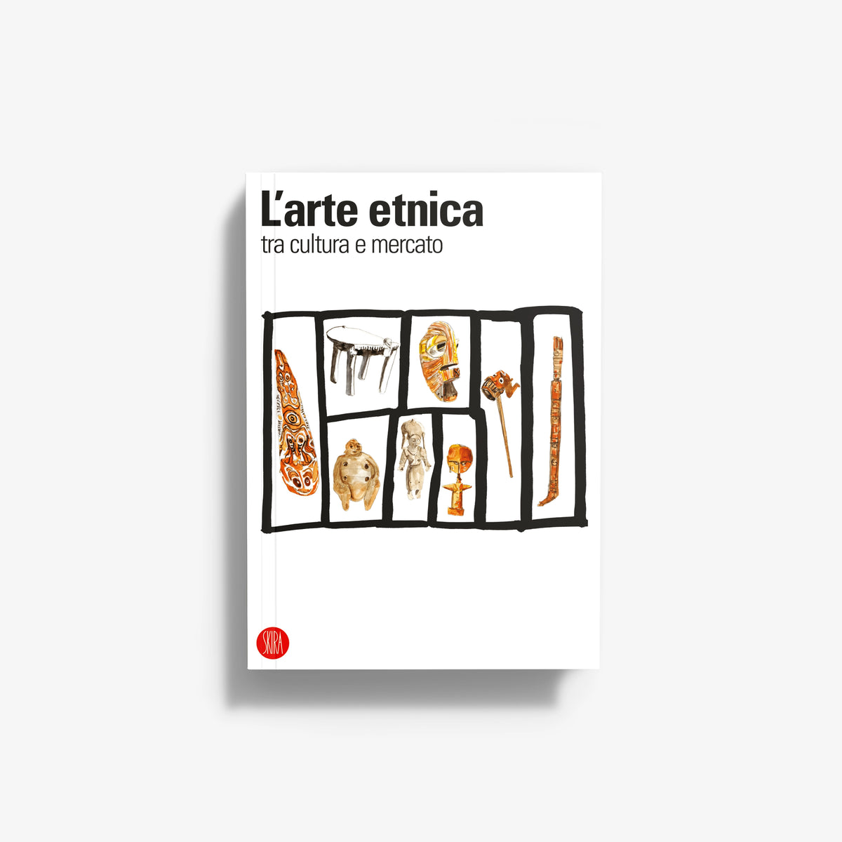 Ethnic art book cover with black-and-white illustrated panel and orange ornaments