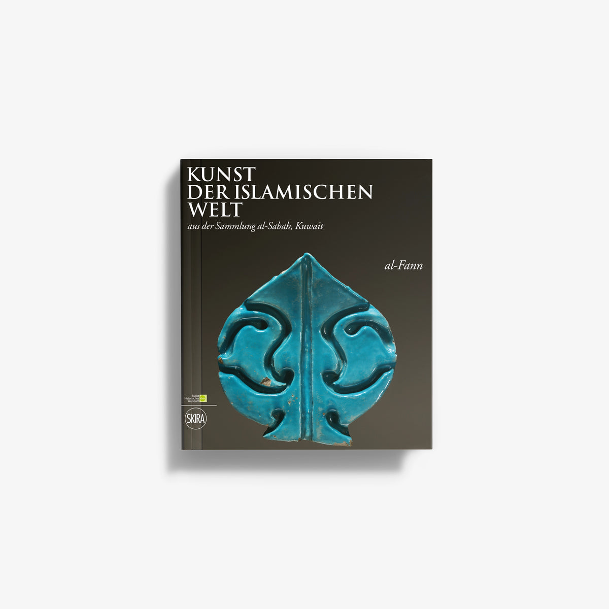Islamic art book cover with teal ornamental emblem on dark background