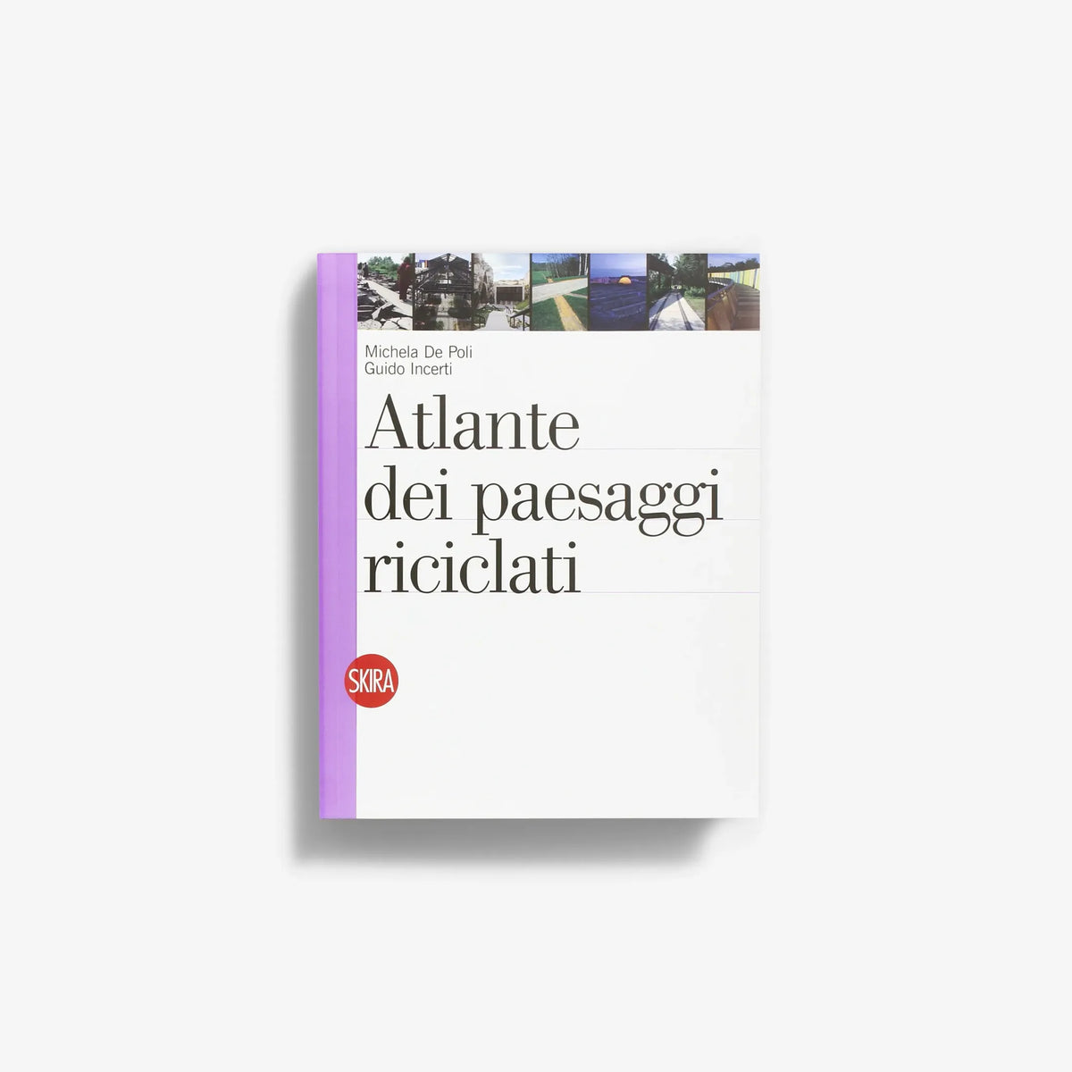 Recycled landscape atlas book with white cover and purple spine