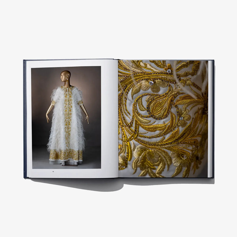 Open Au Fil de L'Or book page: white gown with gold embroidery on model