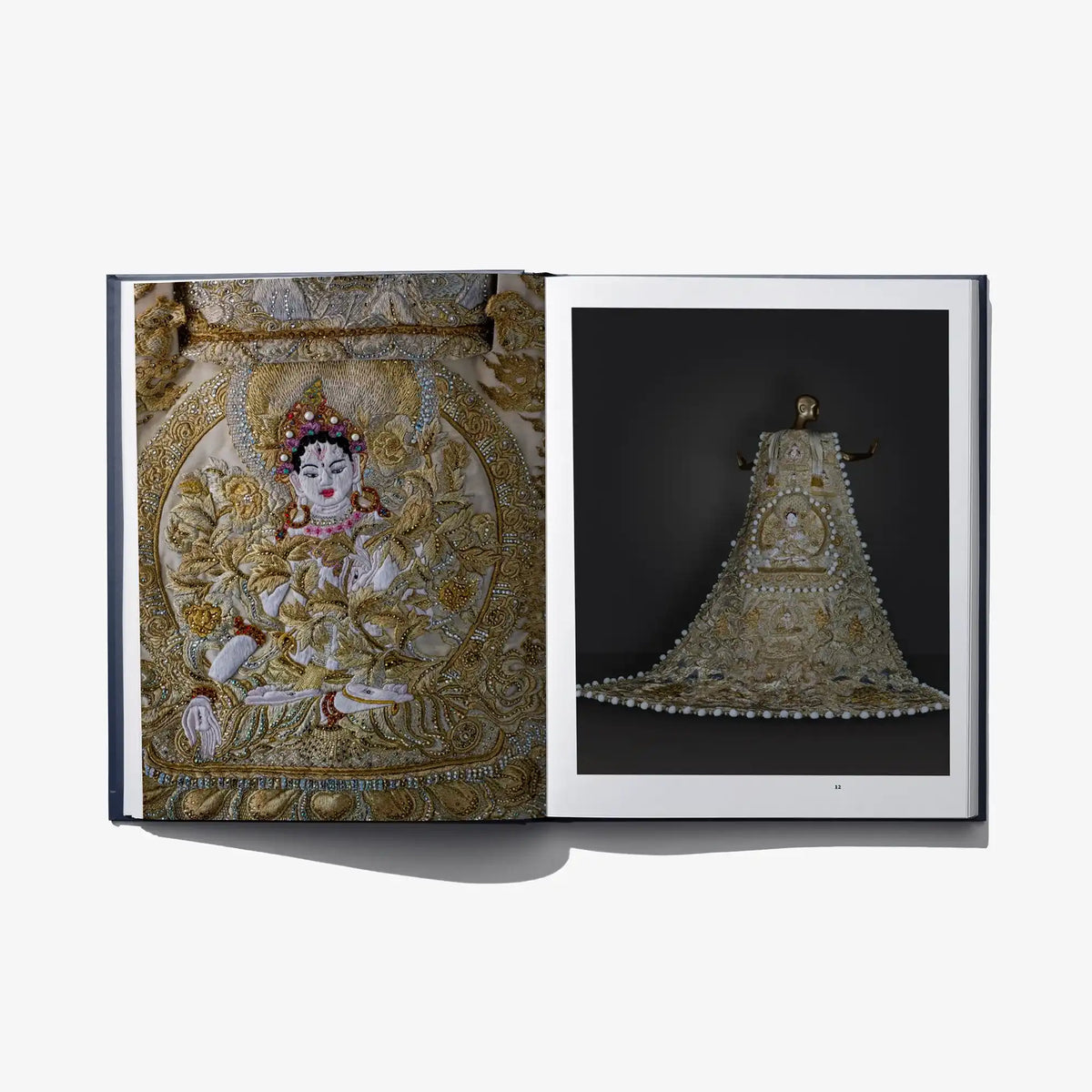 Open Au Fil de L'Or book page: gold beaded ceremonial dress with bell skirt