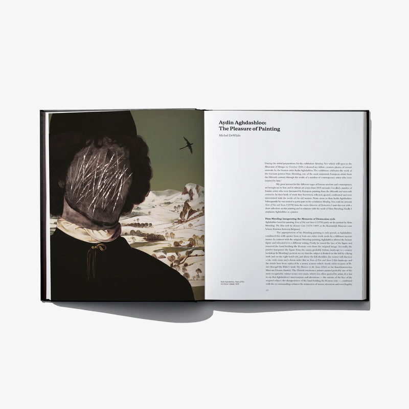 Open art book spread with a seated figure painting image and a text page