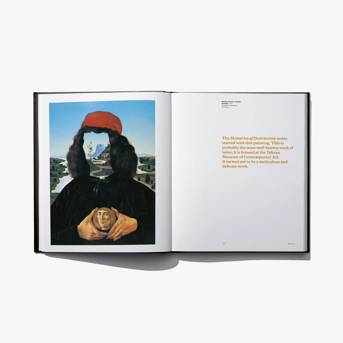Open art book spread with two artwork pages: collage portrait on left, text on right