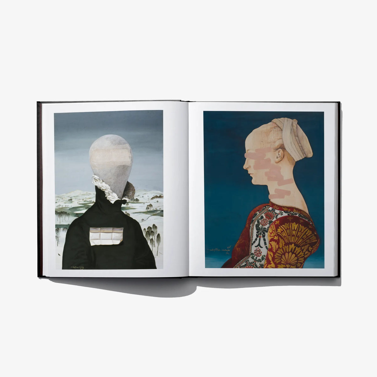 Open art book spread with two portrait artworks on left and right pages