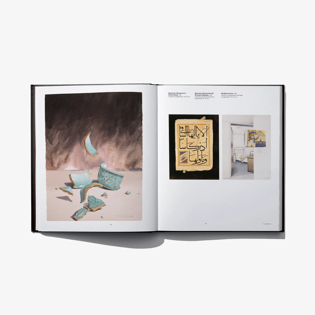 Open art book spread with artwork collage left and calligraphy images on right