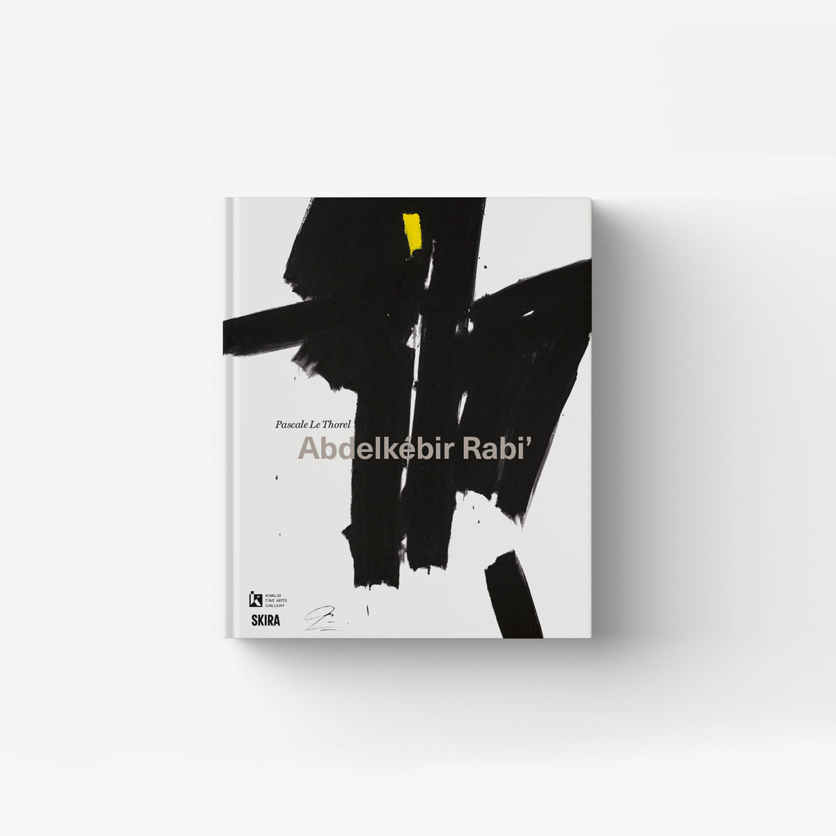 Contemporary art artwork in black with a yellow brush mark, Skira Arte, single-gesture black line composition