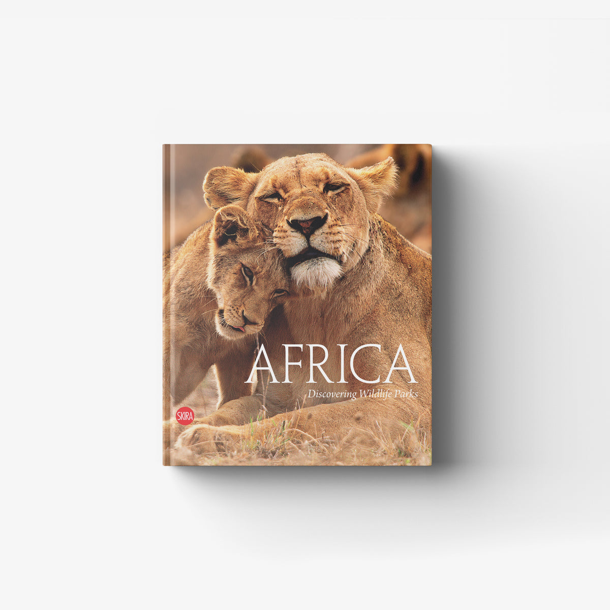 Wildlife photography book by Skira Arte with a lion and lioness cover in warm sandy tones, hardcover photo book