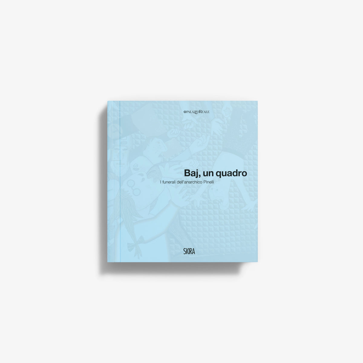 Square art book cover, light blue with abstract pattern and printed title
